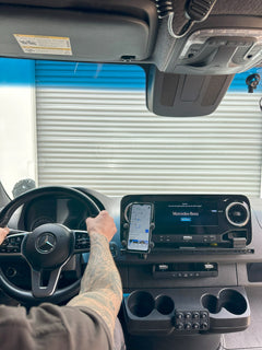 Drivers view of  Navidok Overlander no-drill phone and navigation device mount for 2019+ Mercedes Sprinter vans